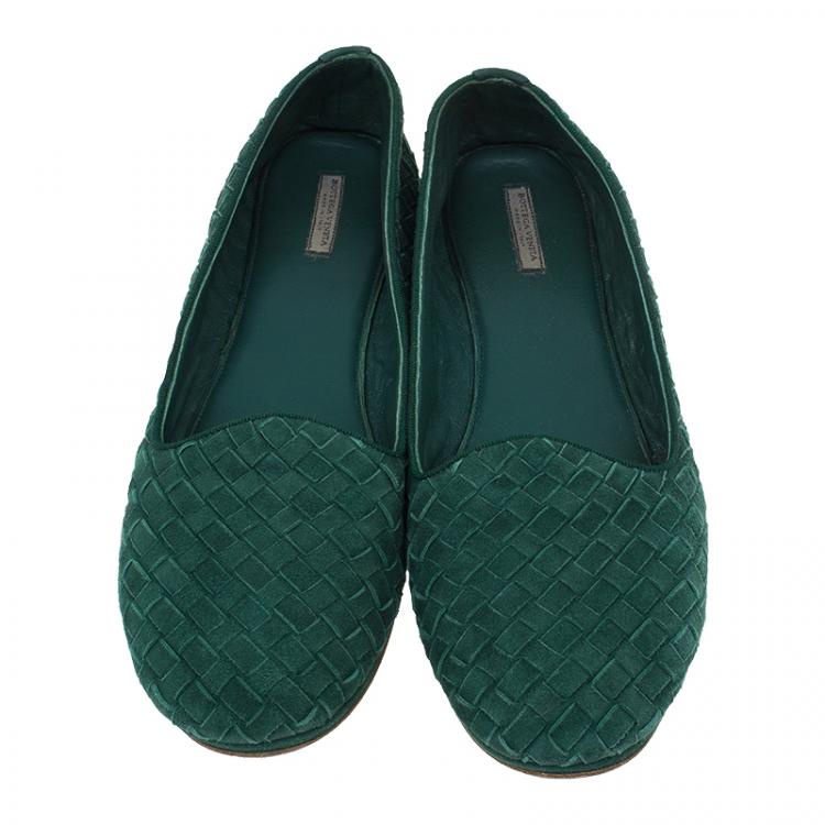 Pre Owned Bottega Veneta Green Intrecciato Suede Carpet Slippers Size 39.5 