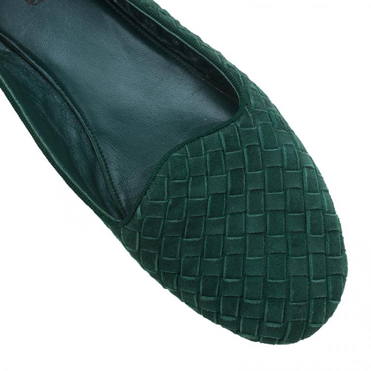 Pre Owned Bottega Veneta Green Intrecciato Suede Carpet Slippers Size 39.5 