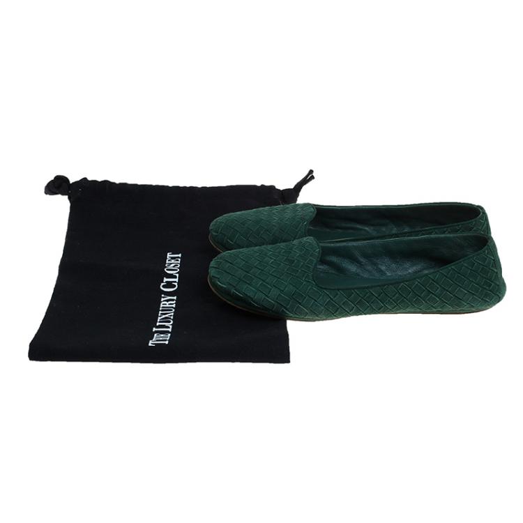 Pre Owned Bottega Veneta Green Intrecciato Suede Carpet Slippers Size 39.5 