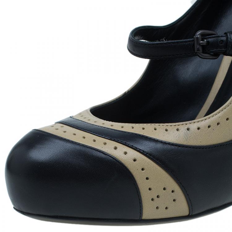 Pre Owned Bottega Veneta Black and White Leather Brogue Mary Jane Pumps Size 38