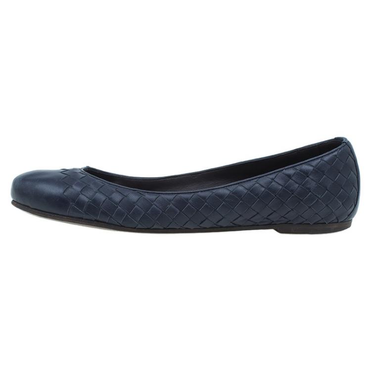 Pre Owned Bottega Veneta Navy Blue Intrecciato Leather Ballet Flats Size 39.5