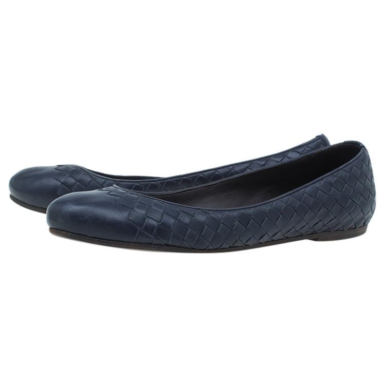 Pre Owned Bottega Veneta Navy Blue Intrecciato Leather Ballet Flats Size 39.5