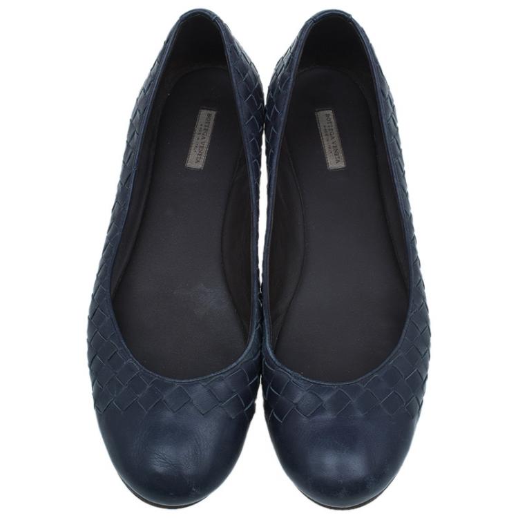 Pre Owned Bottega Veneta Navy Blue Intrecciato Leather Ballet Flats Size 39.5