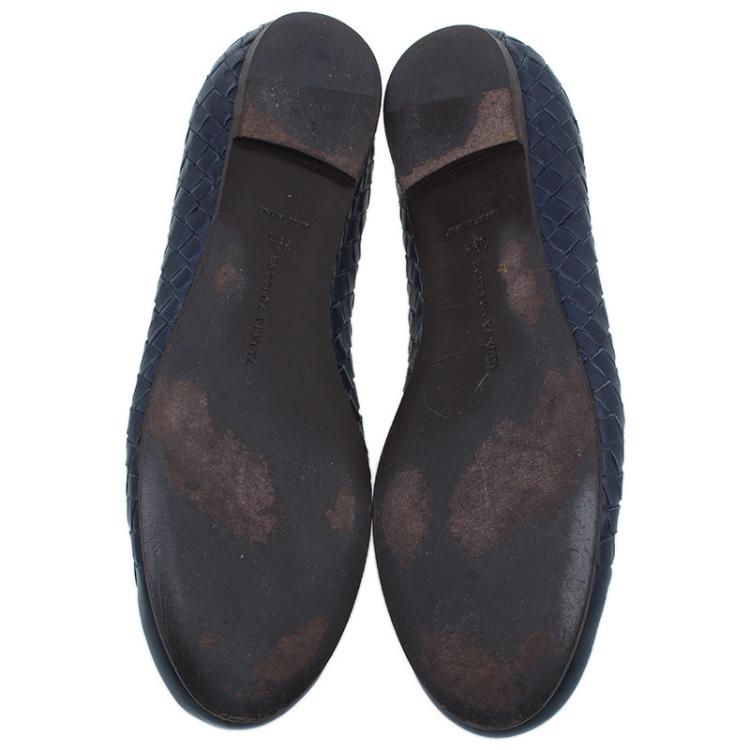 Pre Owned Bottega Veneta Navy Blue Intrecciato Leather Ballet Flats Size 39.5