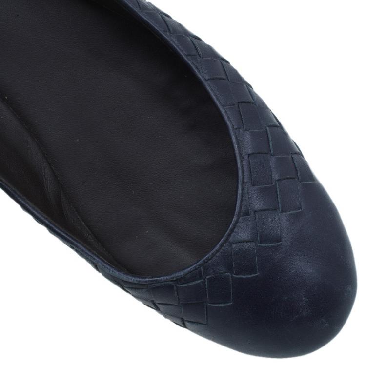 Pre Owned Bottega Veneta Navy Blue Intrecciato Leather Ballet Flats Size 39.5