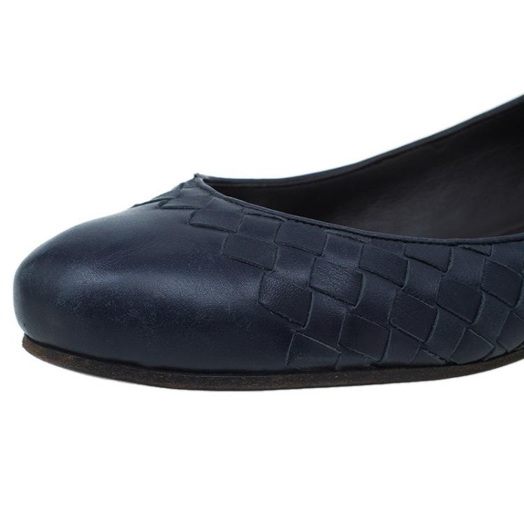 Pre Owned Bottega Veneta Navy Blue Intrecciato Leather Ballet Flats Size 39.5