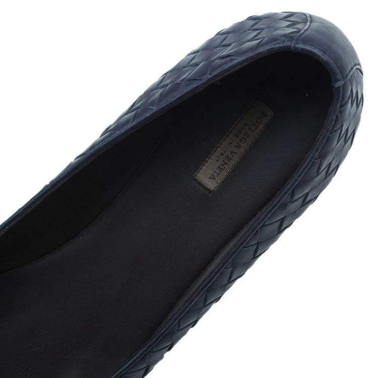 Pre Owned Bottega Veneta Navy Blue Intrecciato Leather Ballet Flats Size 39.5
