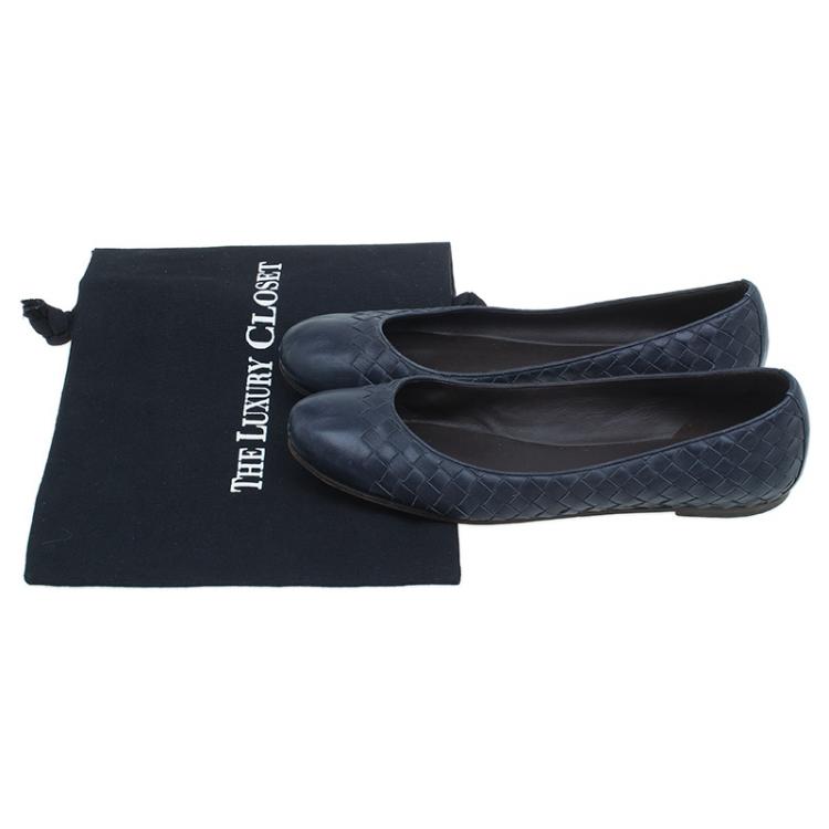 Pre Owned Bottega Veneta Navy Blue Intrecciato Leather Ballet Flats Size 39.5
