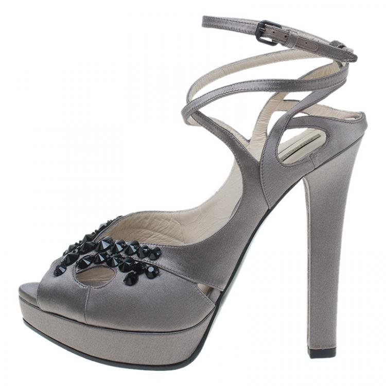 Pre Owned Bottega Veneta Grey Embellished Satin Ankle Strap Platform Sandals Size 40