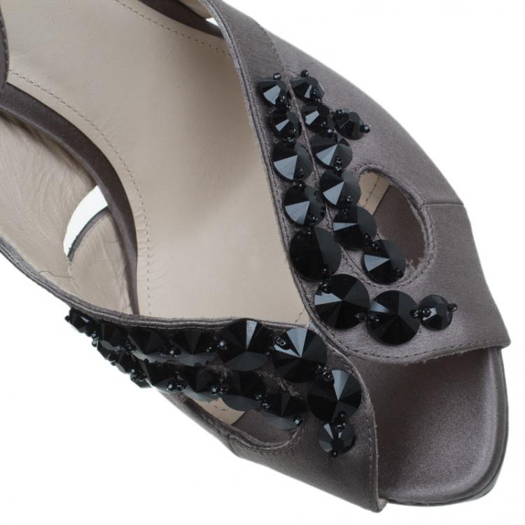 Pre Owned Bottega Veneta Grey Embellished Satin Ankle Strap Platform Sandals Size 40