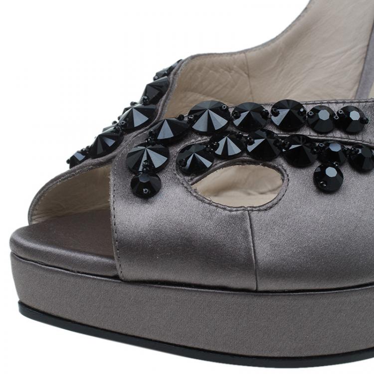 Pre Owned Bottega Veneta Grey Embellished Satin Ankle Strap Platform Sandals Size 40
