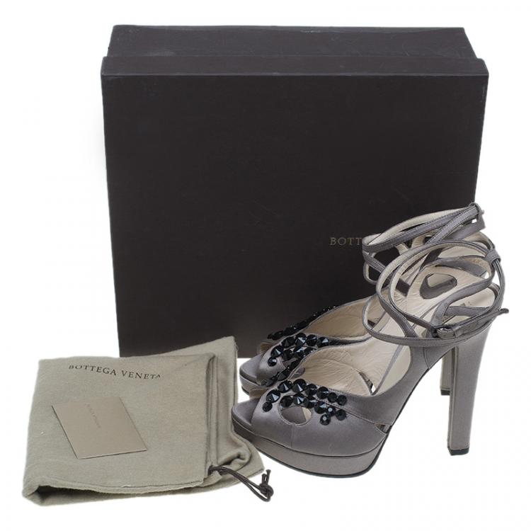 Pre Owned Bottega Veneta Grey Embellished Satin Ankle Strap Platform Sandals Size 40