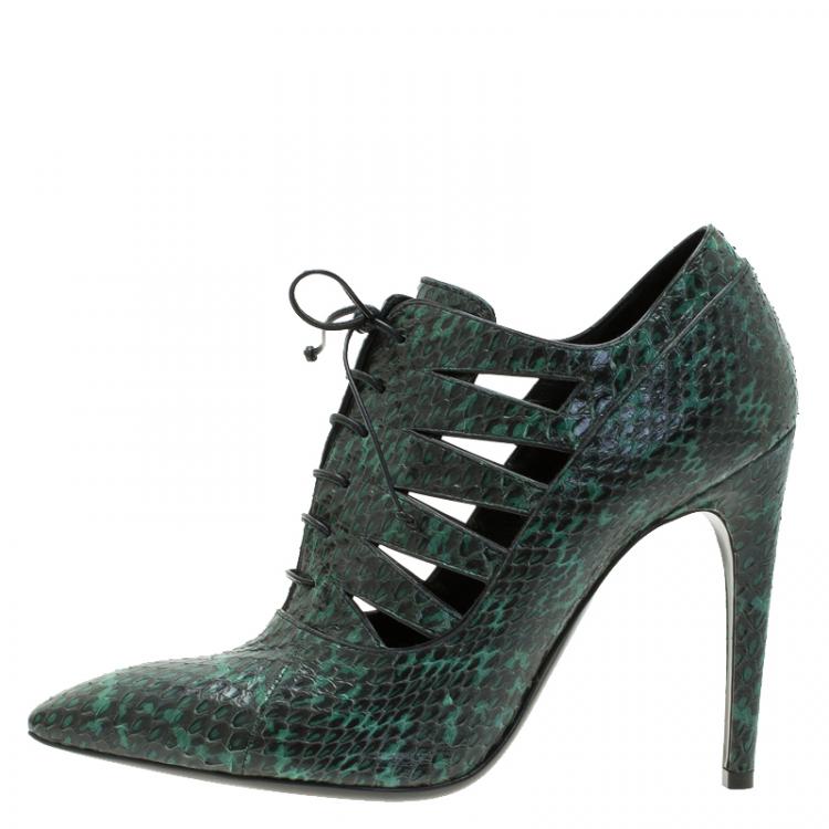 Pre Owned Bottega Veneta Green Python Cutout Lace-Up Ankle Boots Size 39