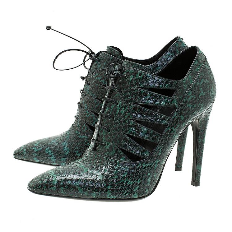 Pre Owned Bottega Veneta Green Python Cutout Lace-Up Ankle Boots Size 39