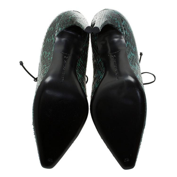 Pre Owned Bottega Veneta Green Python Cutout Lace-Up Ankle Boots Size 39