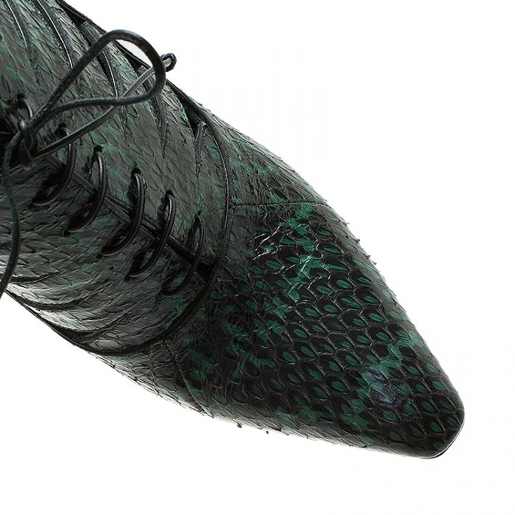 Pre Owned Bottega Veneta Green Python Cutout Lace-Up Ankle Boots Size 39