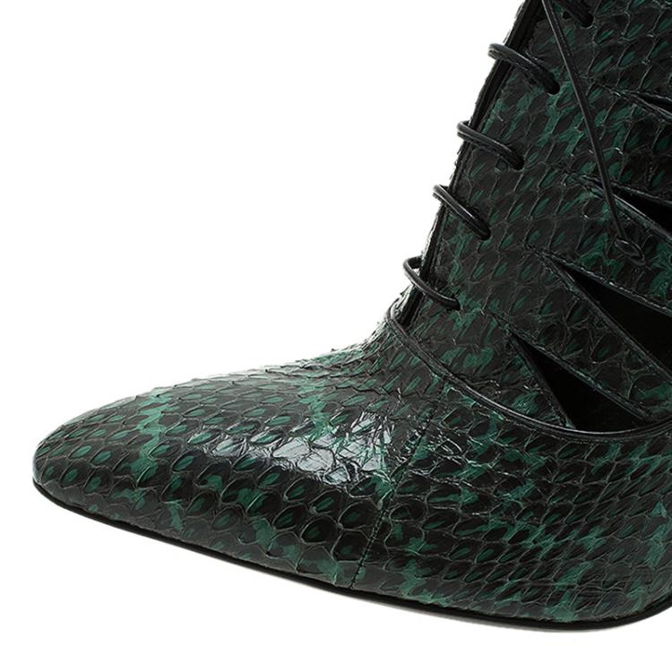 Pre Owned Bottega Veneta Green Python Cutout Lace-Up Ankle Boots Size 39