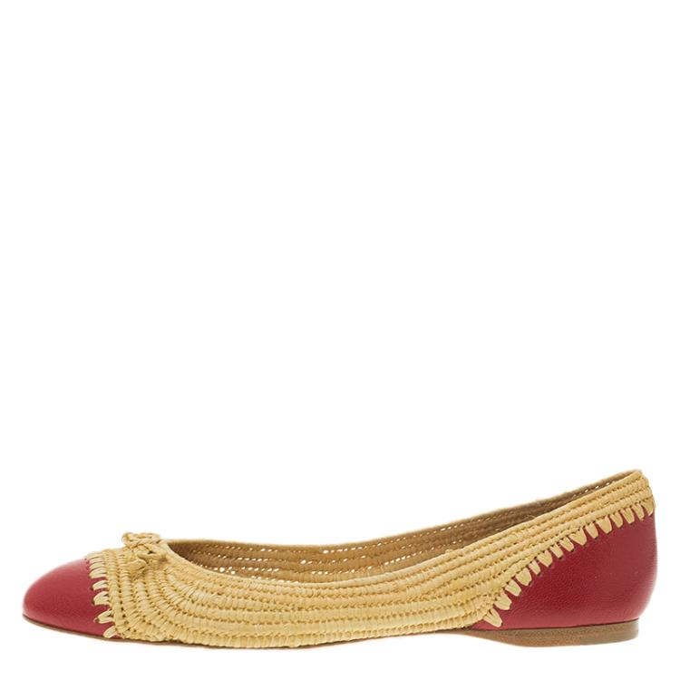 Pre Owned Bottega Veneta Two-Tone Leather and Raffia Ballet Flats Size 36