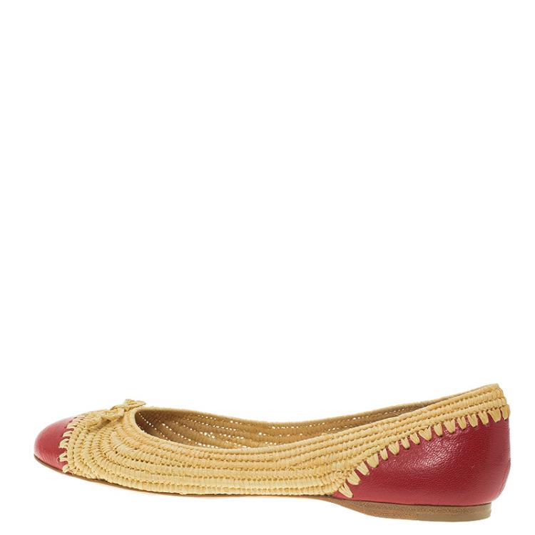 Pre Owned Bottega Veneta Two-Tone Leather and Raffia Ballet Flats Size 36