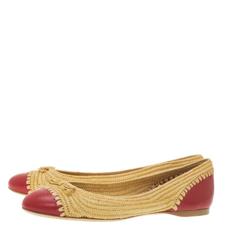 Pre Owned Bottega Veneta Two-Tone Leather and Raffia Ballet Flats Size 36