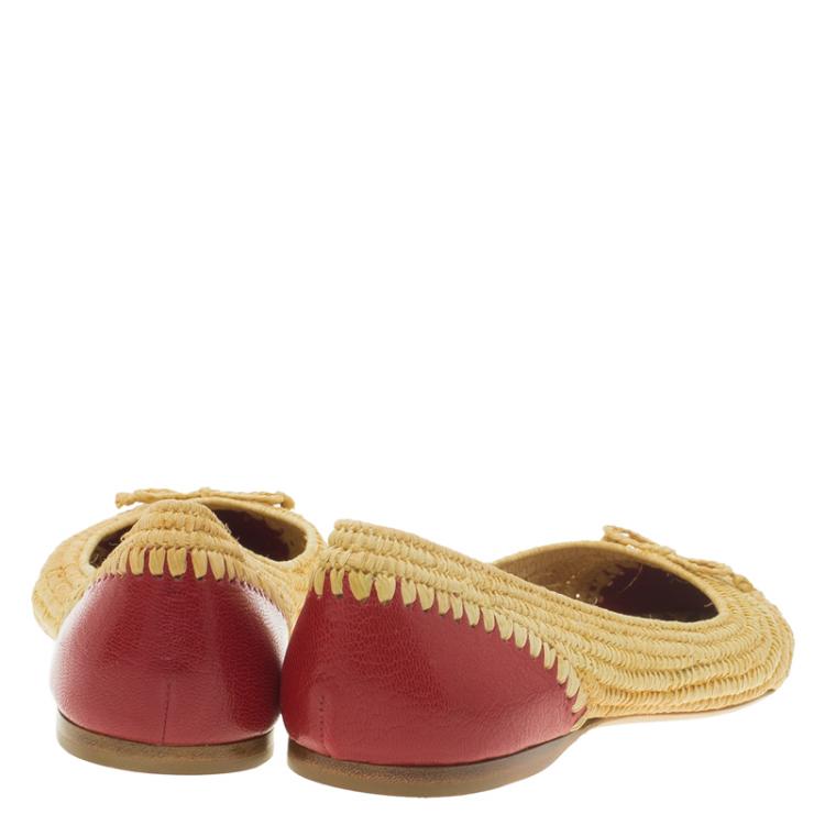 Pre Owned Bottega Veneta Two-Tone Leather and Raffia Ballet Flats Size 36