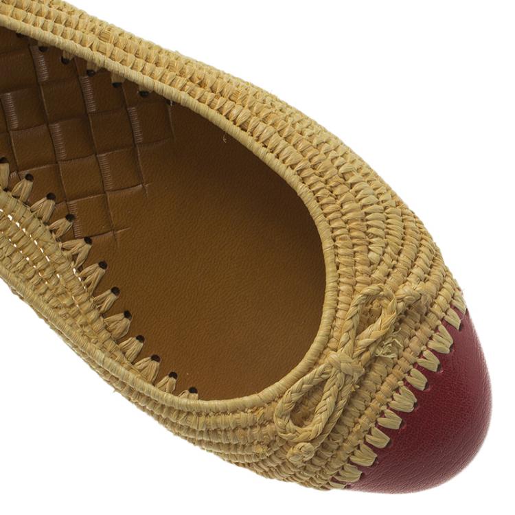 Pre Owned Bottega Veneta Two-Tone Leather and Raffia Ballet Flats Size 36