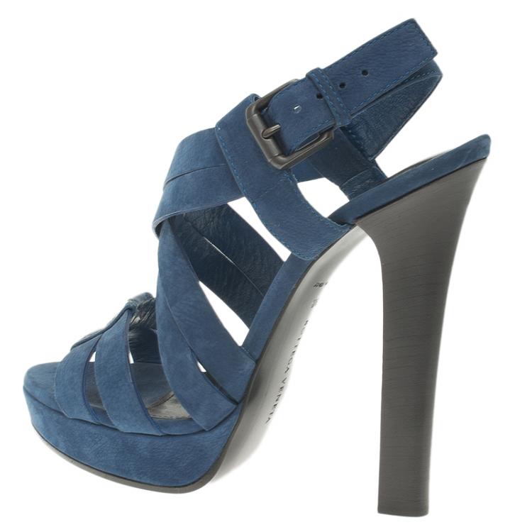 Pre Owned Bottega Veneta Blue Nubuck Criss Cross Platform Sandals Size 38