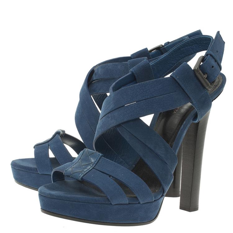 Pre Owned Bottega Veneta Blue Nubuck Criss Cross Platform Sandals Size 38