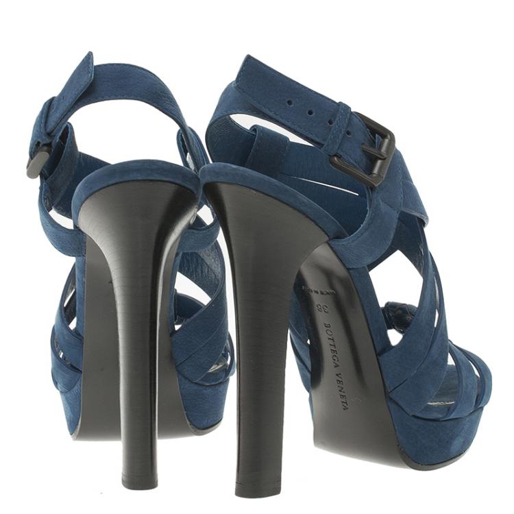 Pre Owned Bottega Veneta Blue Nubuck Criss Cross Platform Sandals Size 38