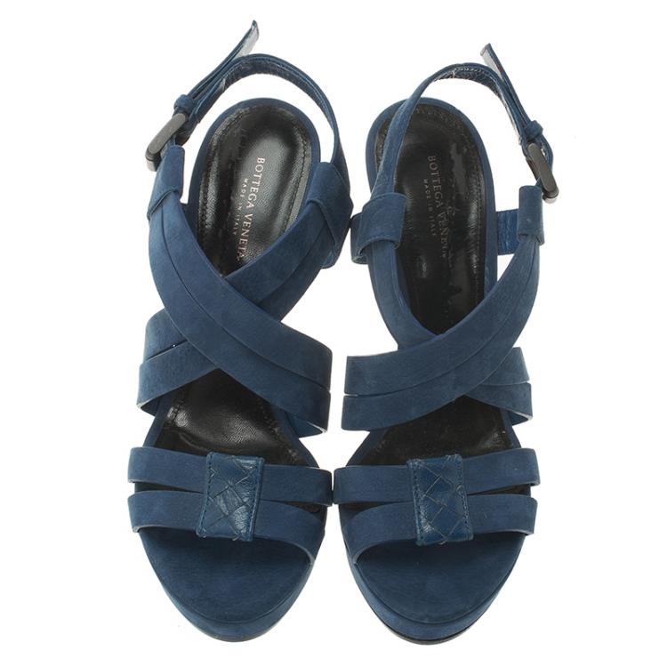 Pre Owned Bottega Veneta Blue Nubuck Criss Cross Platform Sandals Size 38