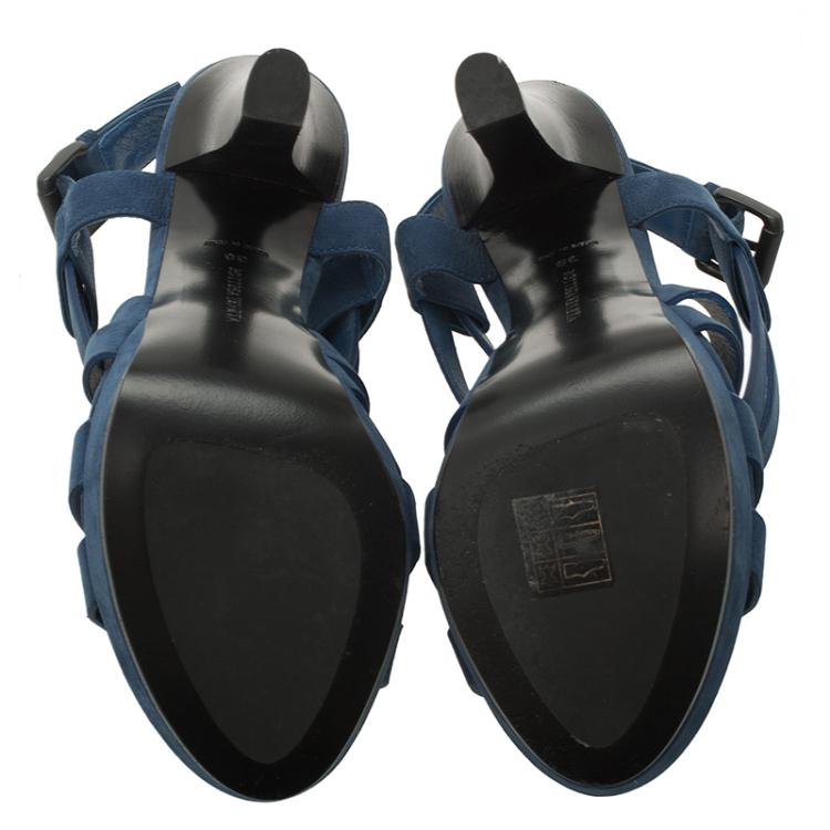 Pre Owned Bottega Veneta Blue Nubuck Criss Cross Platform Sandals Size 38