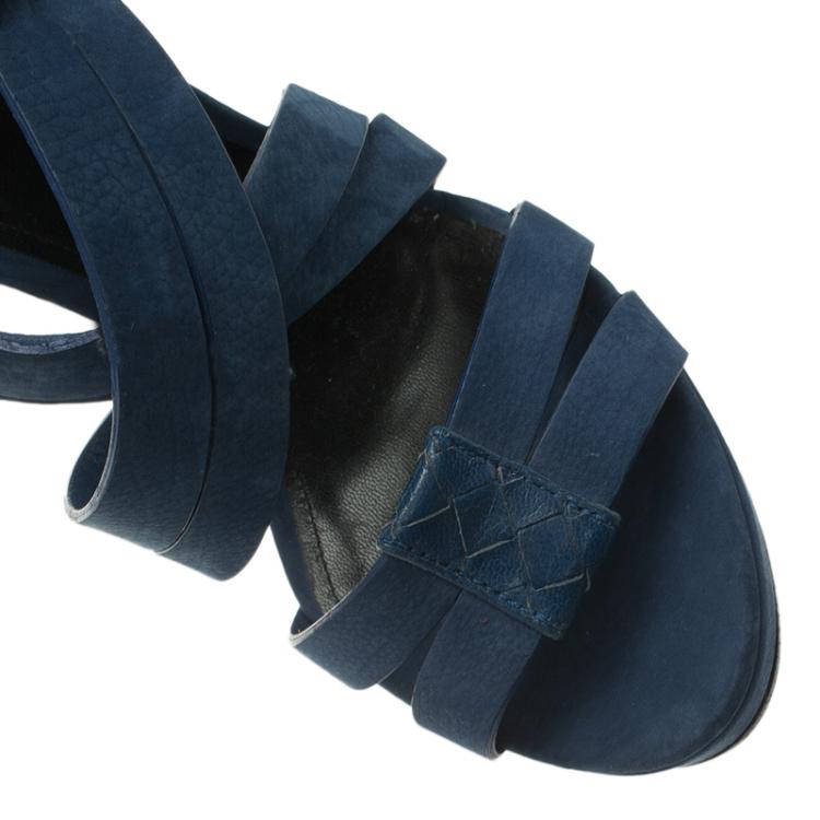 Pre Owned Bottega Veneta Blue Nubuck Criss Cross Platform Sandals Size 38