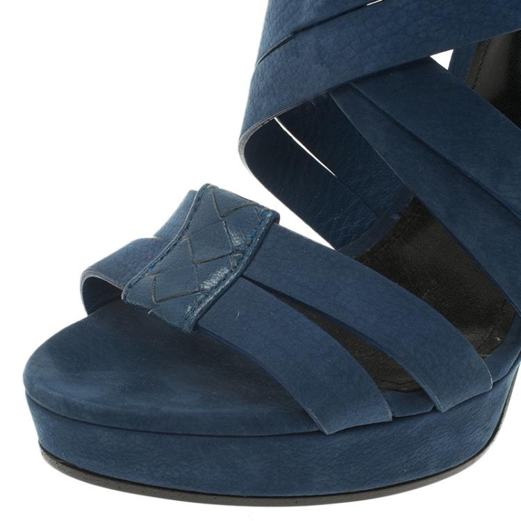 Pre Owned Bottega Veneta Blue Nubuck Criss Cross Platform Sandals Size 38