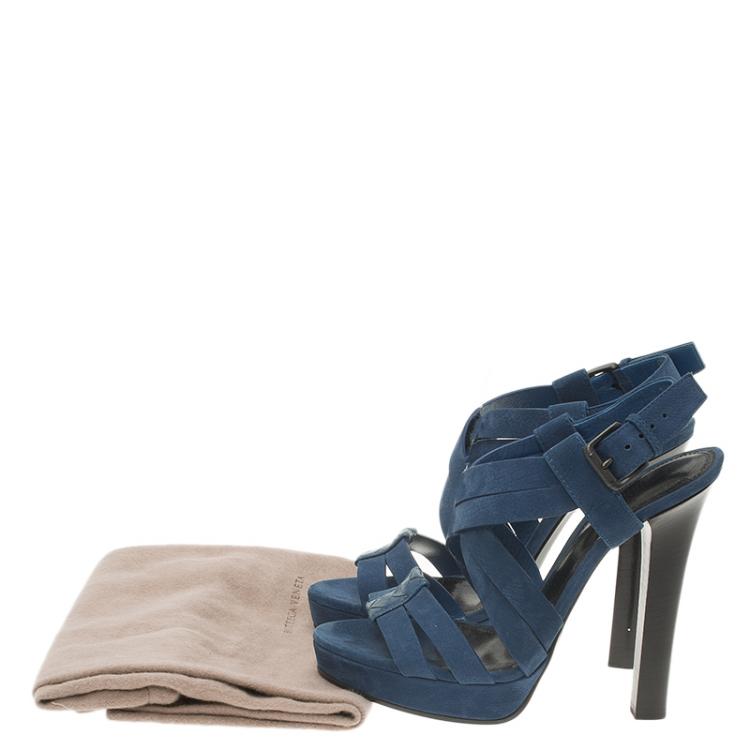 Pre Owned Bottega Veneta Blue Nubuck Criss Cross Platform Sandals Size 38