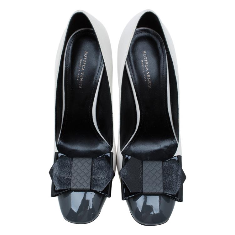 Pre Owned Bottega Veneta Tricolor Patent Intrecciato Bow Pumps Size 37.5