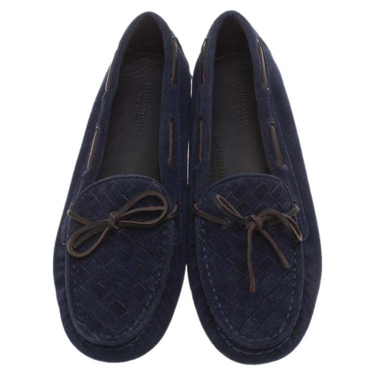 مملوكة مسبقًا Bottega Veneta Blue Intrecciato Suede Bow Loafers Size 39