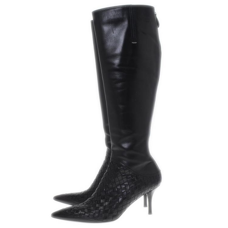 Pre Owned Bottega Veneta Black Intrecciato Leather Knee Boots Size 36