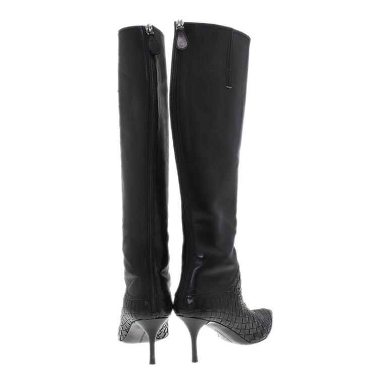 Pre Owned Bottega Veneta Black Intrecciato Leather Knee Boots Size 36