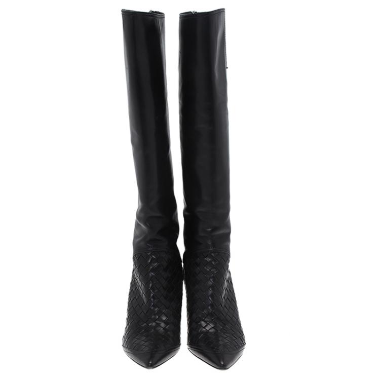 Pre Owned Bottega Veneta Black Intrecciato Leather Knee Boots Size 36
