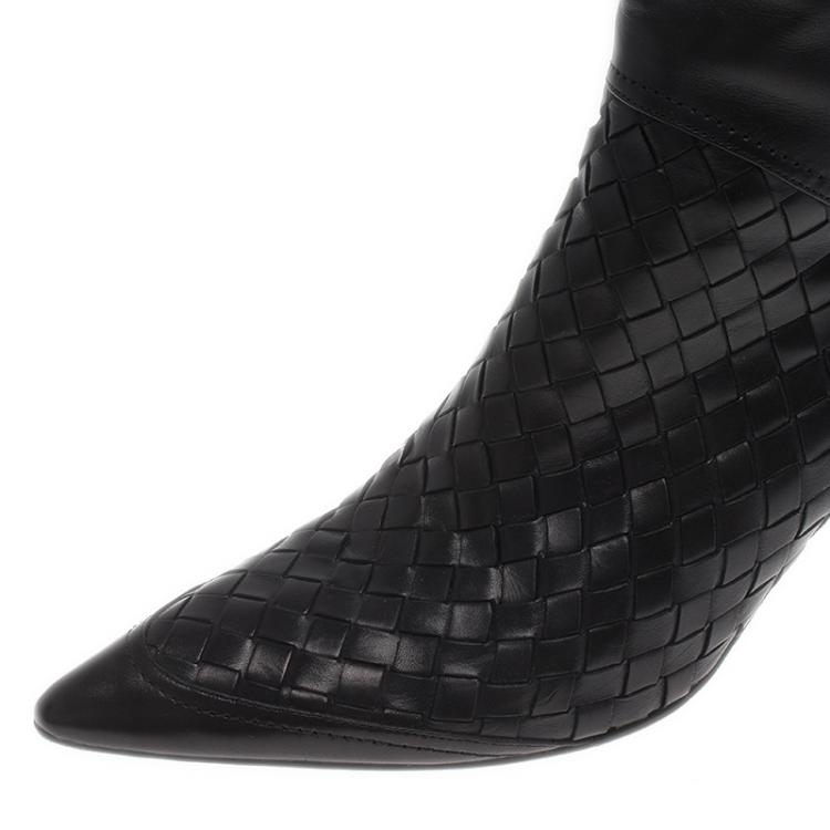 Pre Owned Bottega Veneta Black Intrecciato Leather Knee Boots Size 36