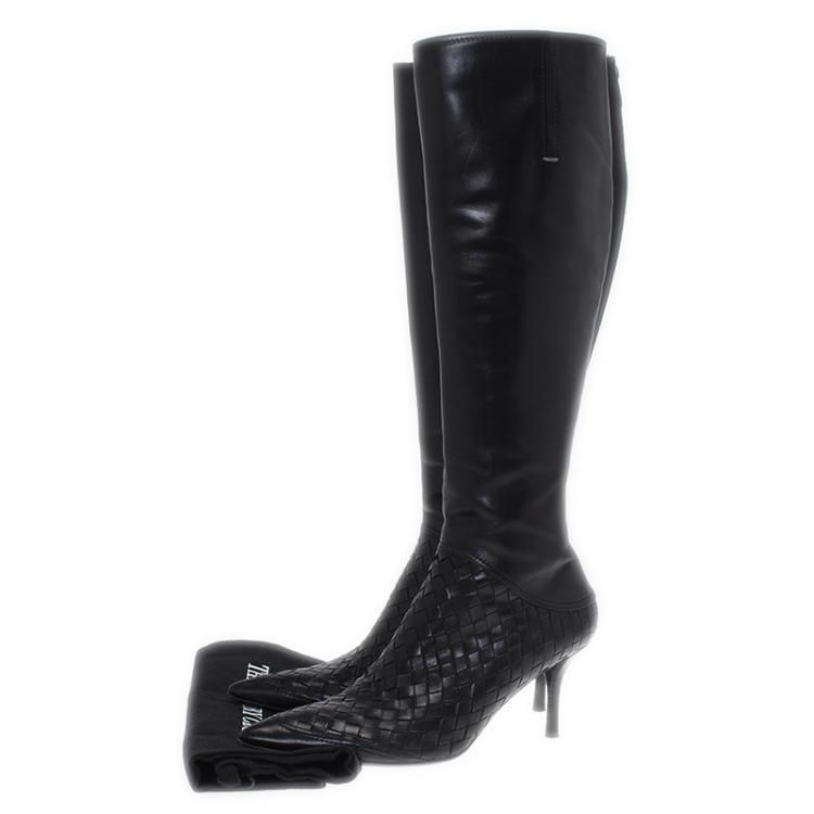 Pre Owned Bottega Veneta Black Intrecciato Leather Knee Boots Size 36