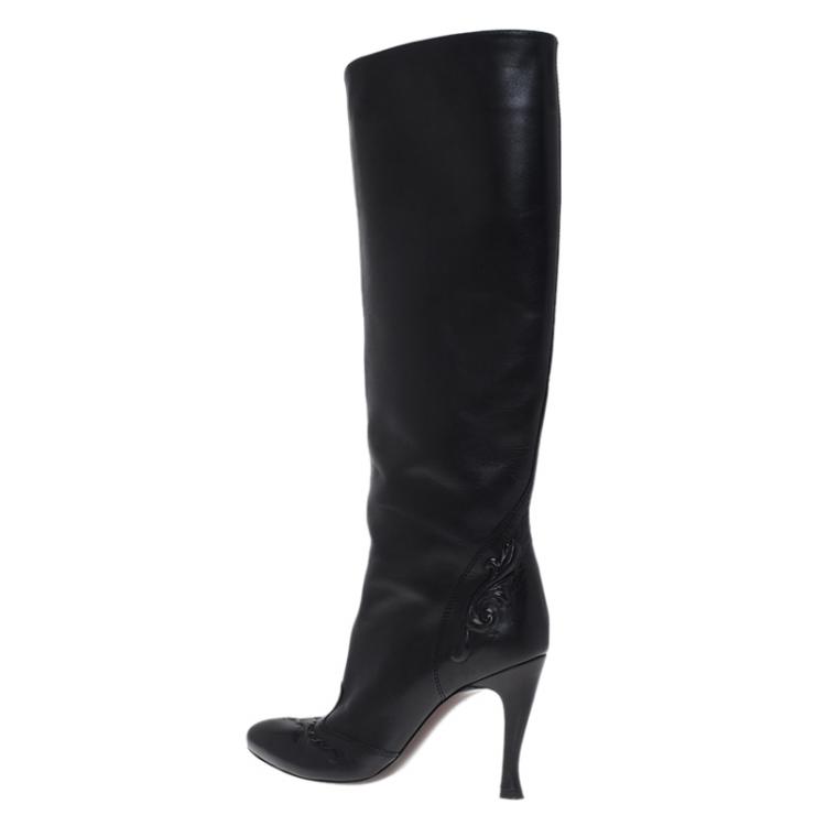 Pre Owned Bottege Veneta Black Embossed Leather Knee Boots Size 36.5