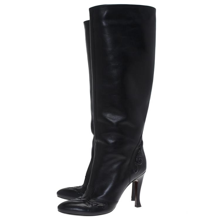 Pre Owned Bottege Veneta Black Embossed Leather Knee Boots Size 36.5