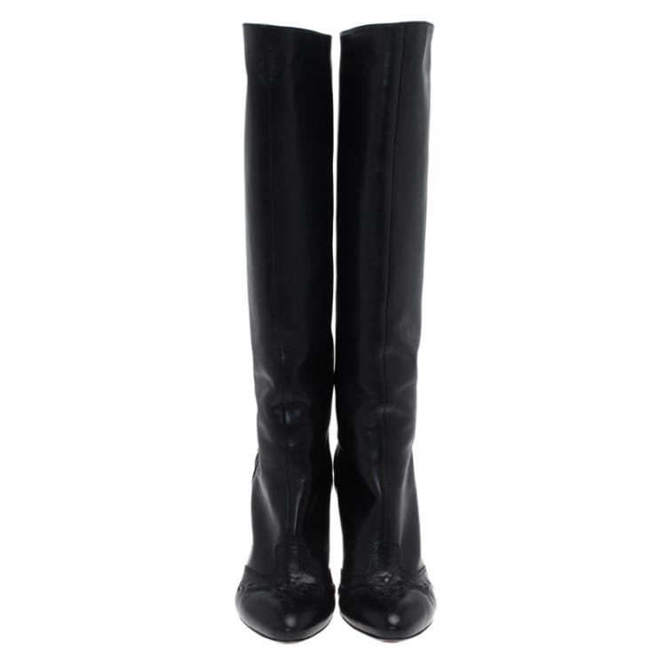Pre Owned Bottege Veneta Black Embossed Leather Knee Boots Size 36.5