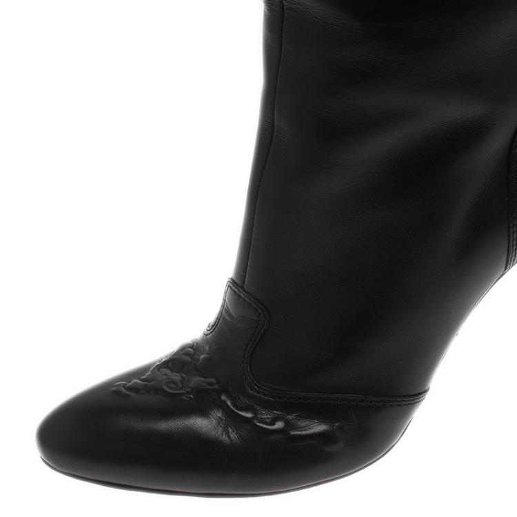 Pre Owned Bottege Veneta Black Embossed Leather Knee Boots Size 36.5