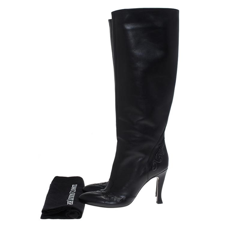 Pre Owned Bottege Veneta Black Embossed Leather Knee Boots Size 36.5