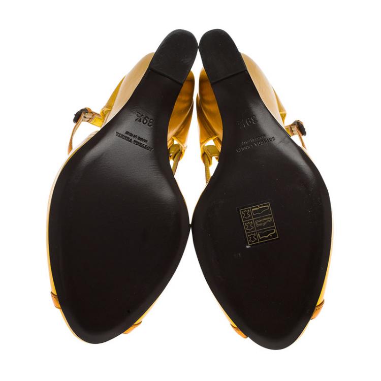 Pre Owned Bottega Veneta Gold Leather Cut-Out Ankle Strap Wedge Sandals Size 39.5