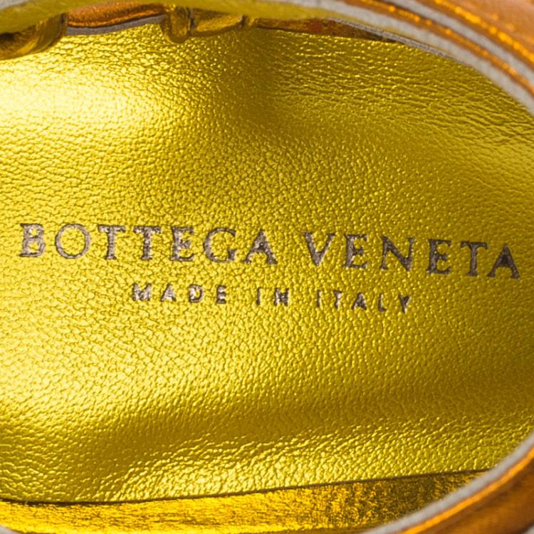 Pre Owned Bottega Veneta Gold Leather Cut-Out Ankle Strap Wedge Sandals Size 39.5
