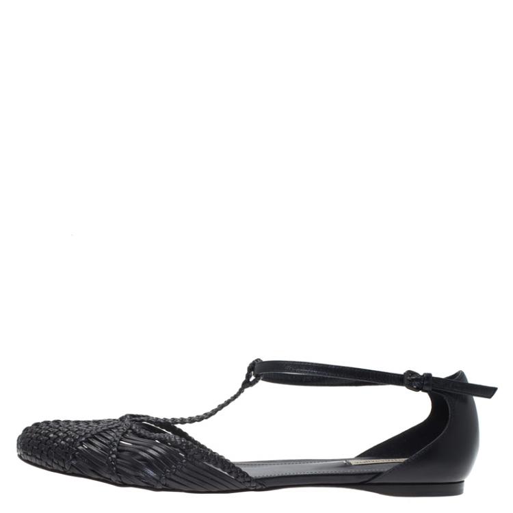 Pre Owned Bottega Veneta Black Woven Leather T Strap Ballerina Flats Size 39