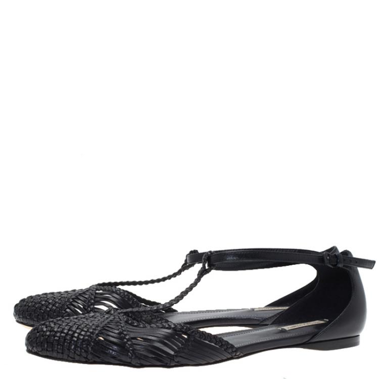 Pre Owned Bottega Veneta Black Woven Leather T Strap Ballerina Flats Size 39